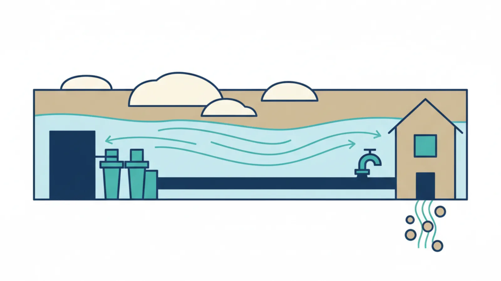 Schematische doorsnede van bodemlagen met kalksteen, grondwater en een kraan als uitleg van hard water