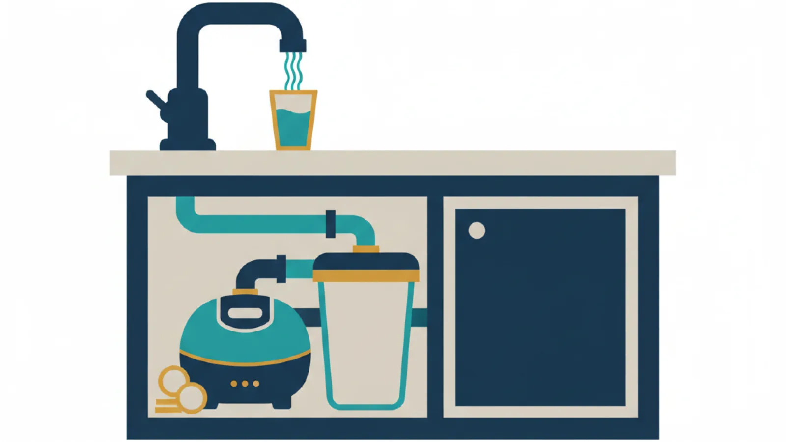 Keukenkraan die een glas water vult, met een waterontharder in het keukenkastje eronder