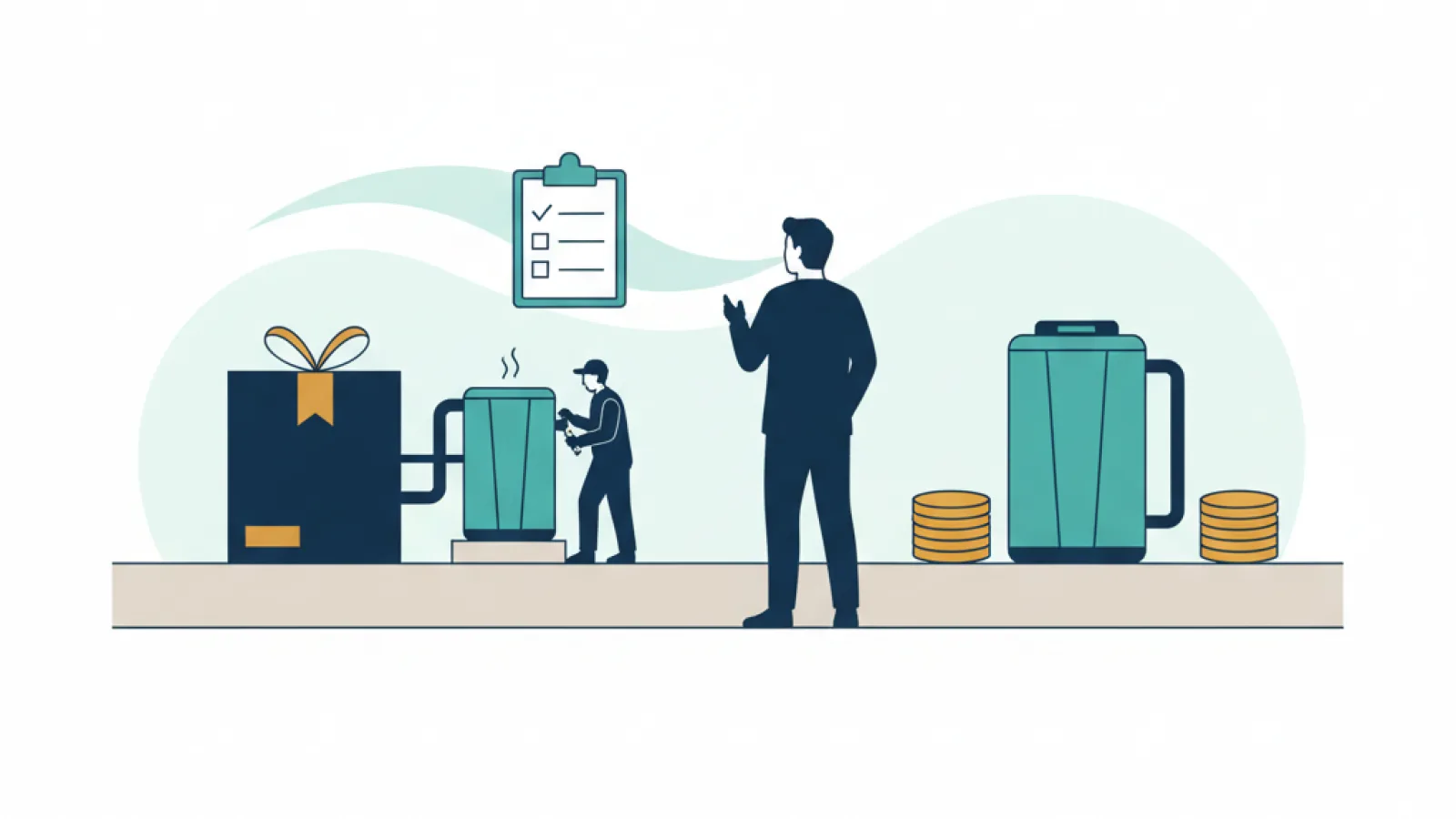 Schematische illustratie van het vergelijken van een waterontharder uit de webshop en een geplaatste waterontharder