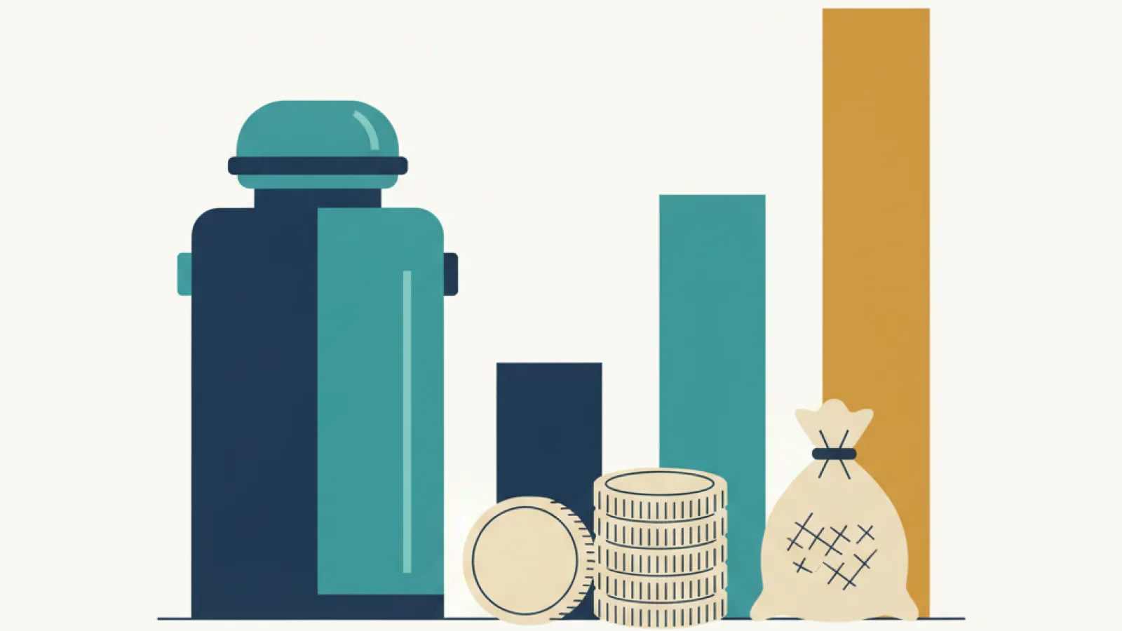 Schematische illustratie van een waterontharder met zoutzak en muntstapels als symbool voor de kosten