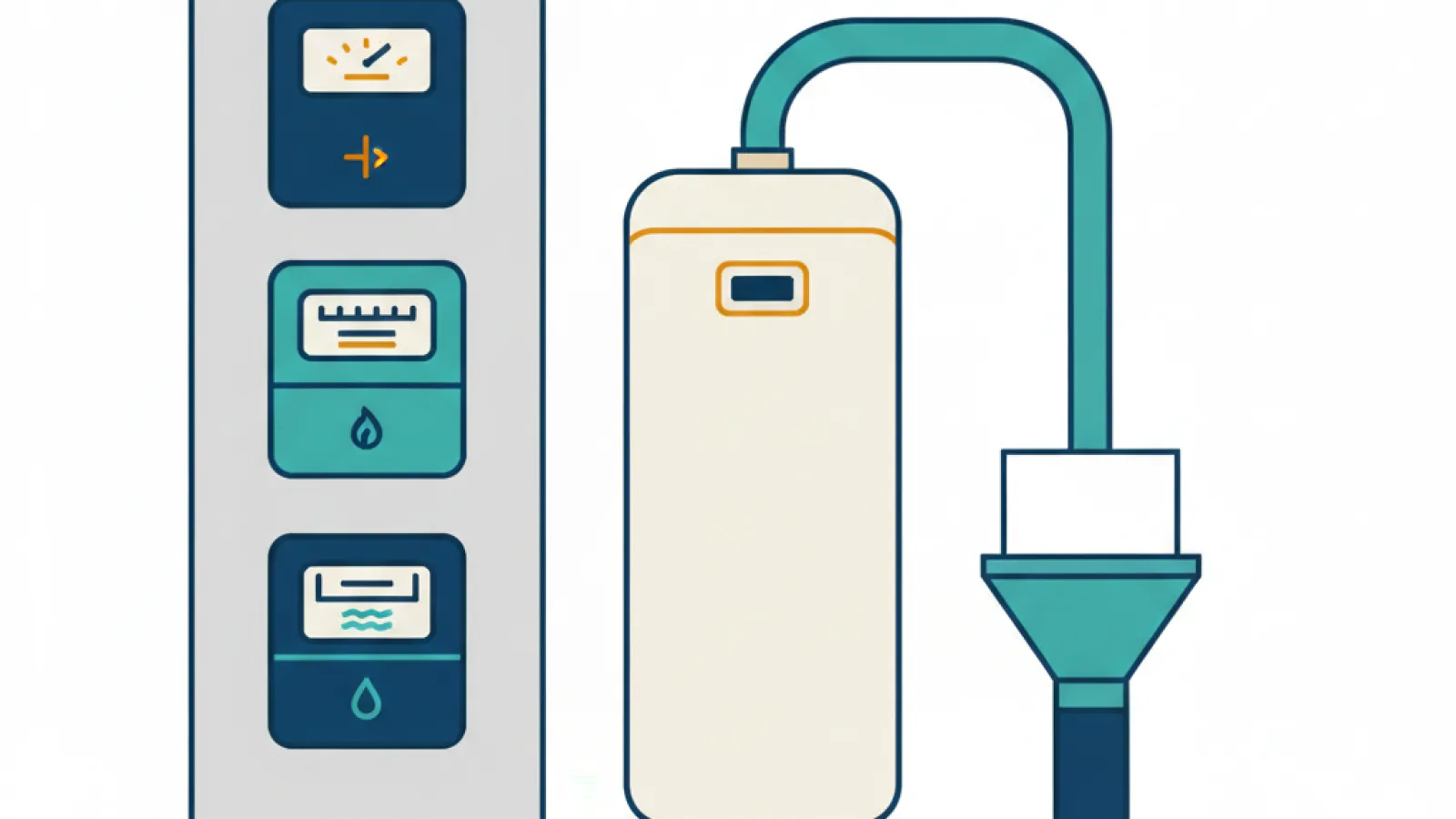 Schematische meterkast met meters en een smalle waterontharder in een vrije zone, afvoer met zichtbare onderbreking