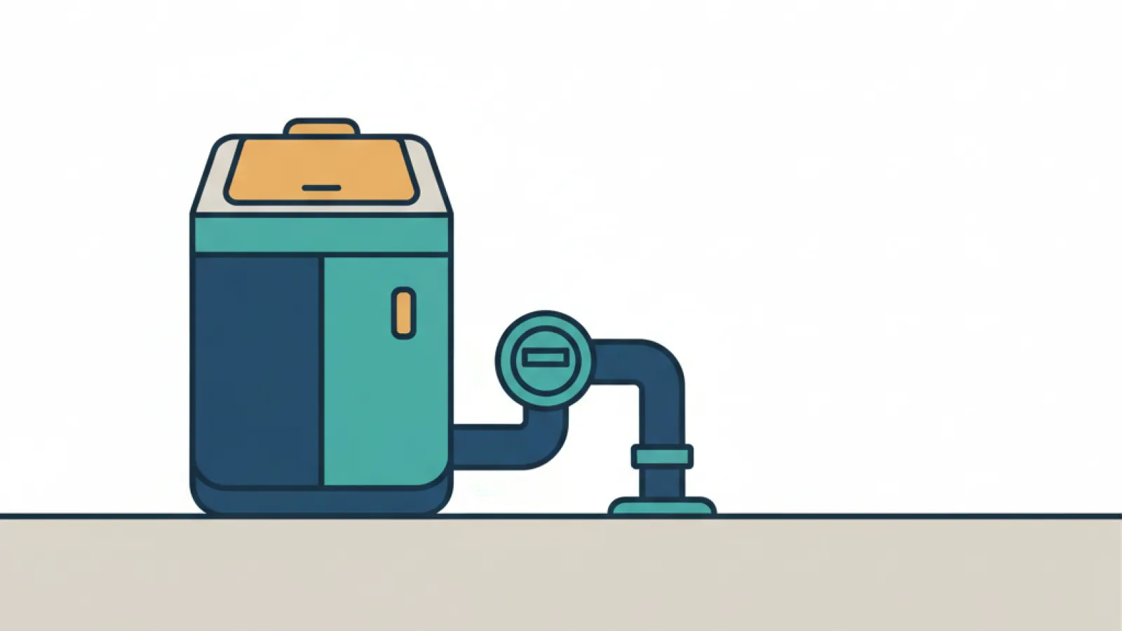 Schematische illustratie van een compacte waterontharder naast de watermeter en een afvoer