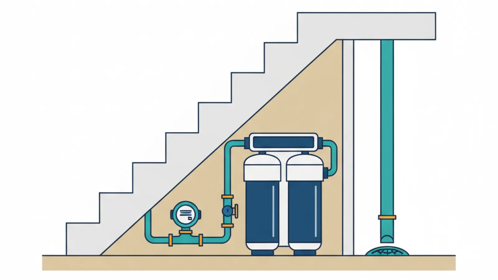 Schematische illustratie van een compacte stroomloze waterontharder met twee cellen onder de trap