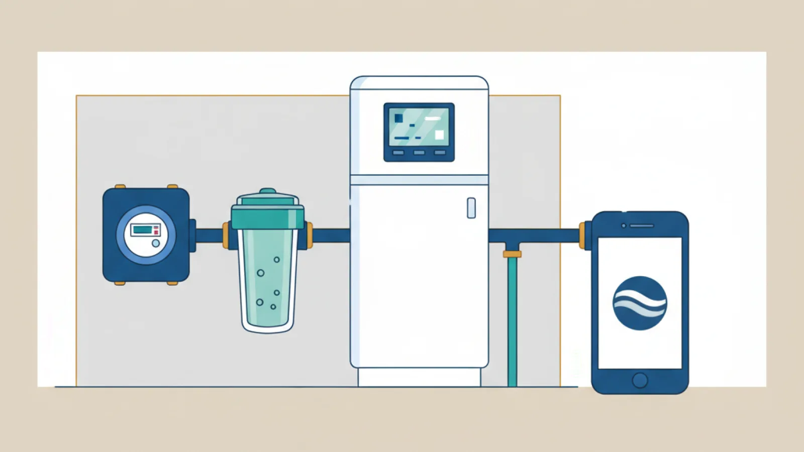 Schematische illustratie van een waterontharder met aanraakscherm na de watermeter en het waterfilter