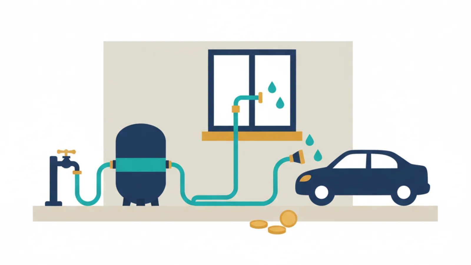 Schematische illustratie van een draagbare waterontharder bij een buitenkraan met een slang naar een auto