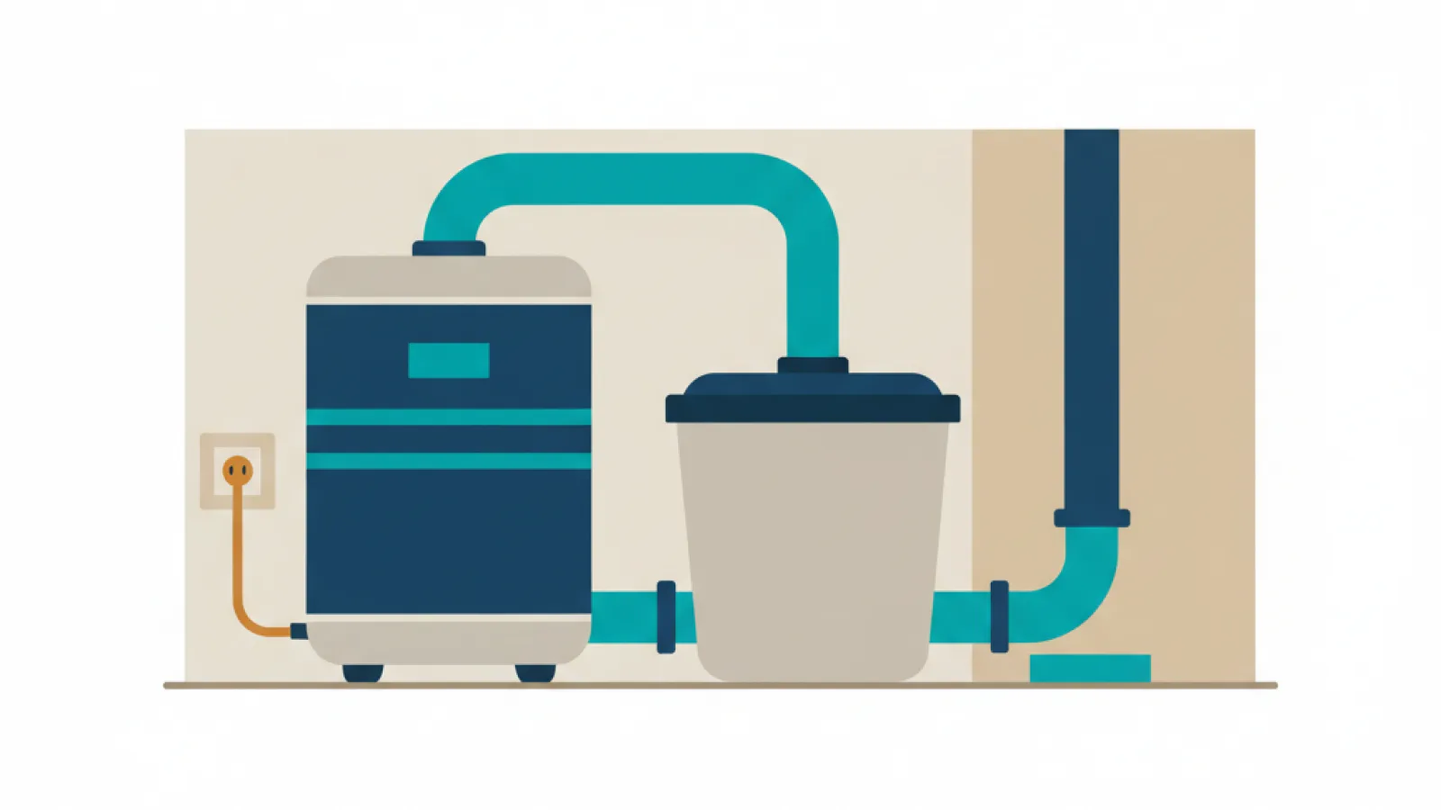 Schematische illustratie van een waterontharder met los zoutvat, afvoer en stopcontact in een bijkeuken