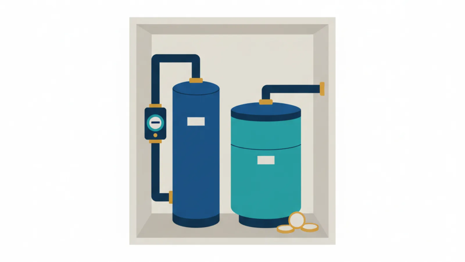 Schematische illustratie van een waterontharder met losse harscilinder en zoutvat in een smalle meterkast