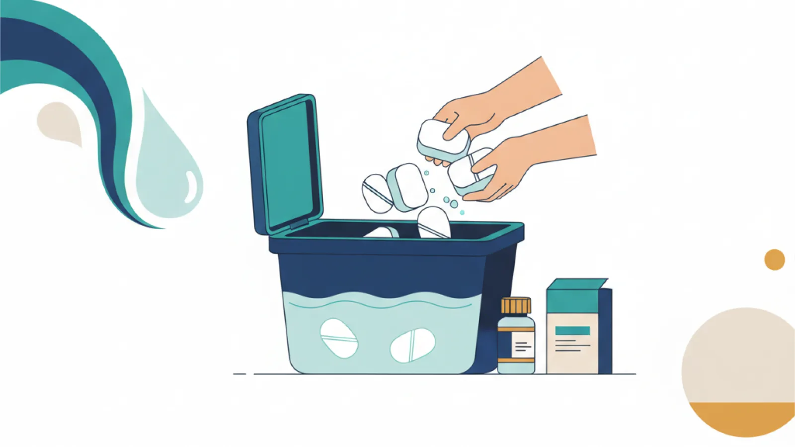 Handen die zouttabletten in de pekelbak van een waterontharder doen, met harsreiniger en testset ernaast