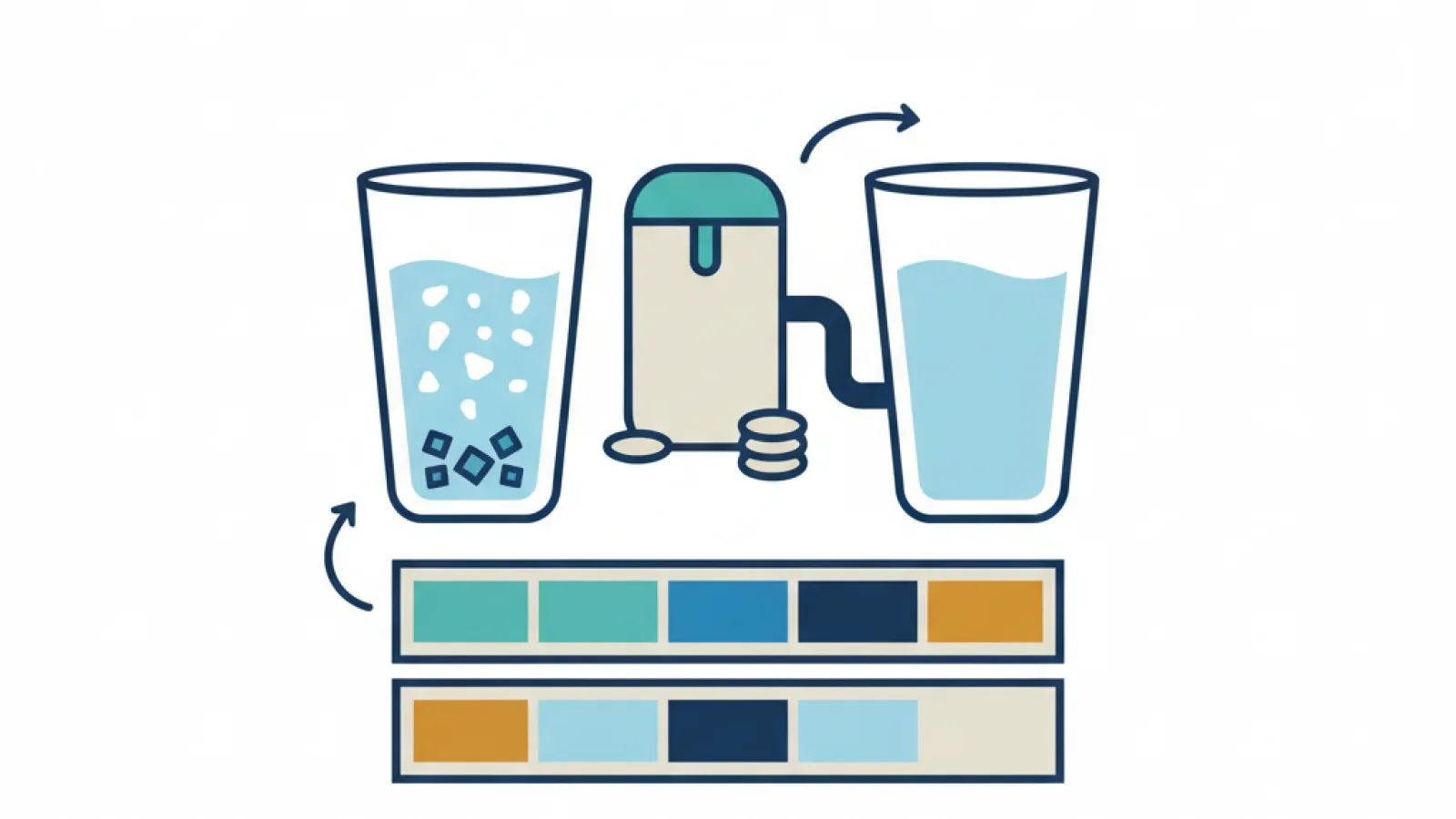 Twee glazen water met een teststrip en kleurenkaart om de waterhardheid vóór en na een waterontharder te vergelijken