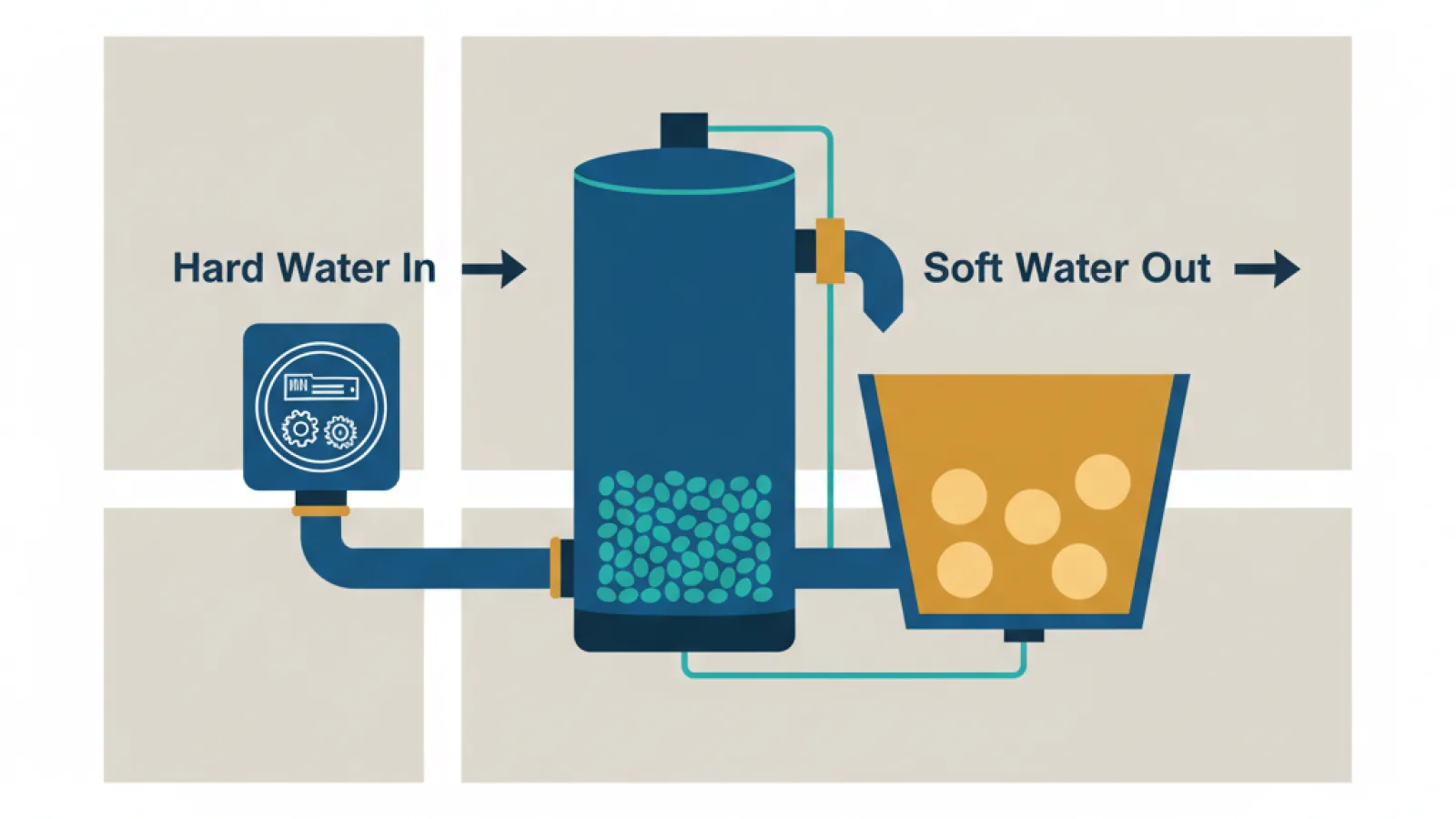 Schematische doorsnede van een waterontharder met harstank en zoutvat achter de watermeter