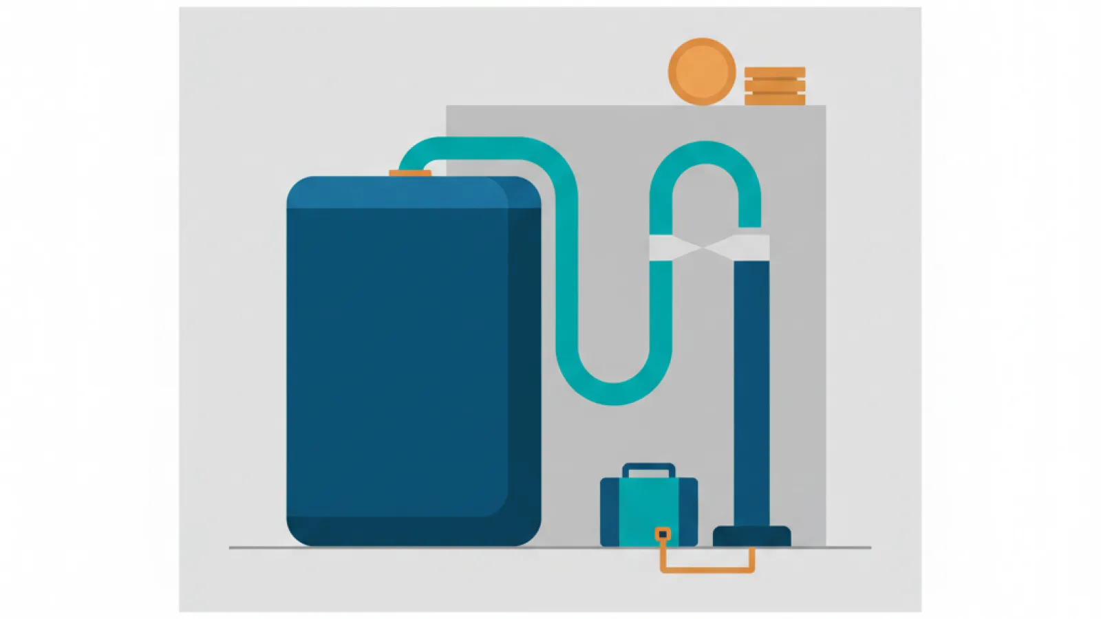 Schematische tekening van een waterontharder waarvan de afvoerslang omhoog naar een standleiding loopt