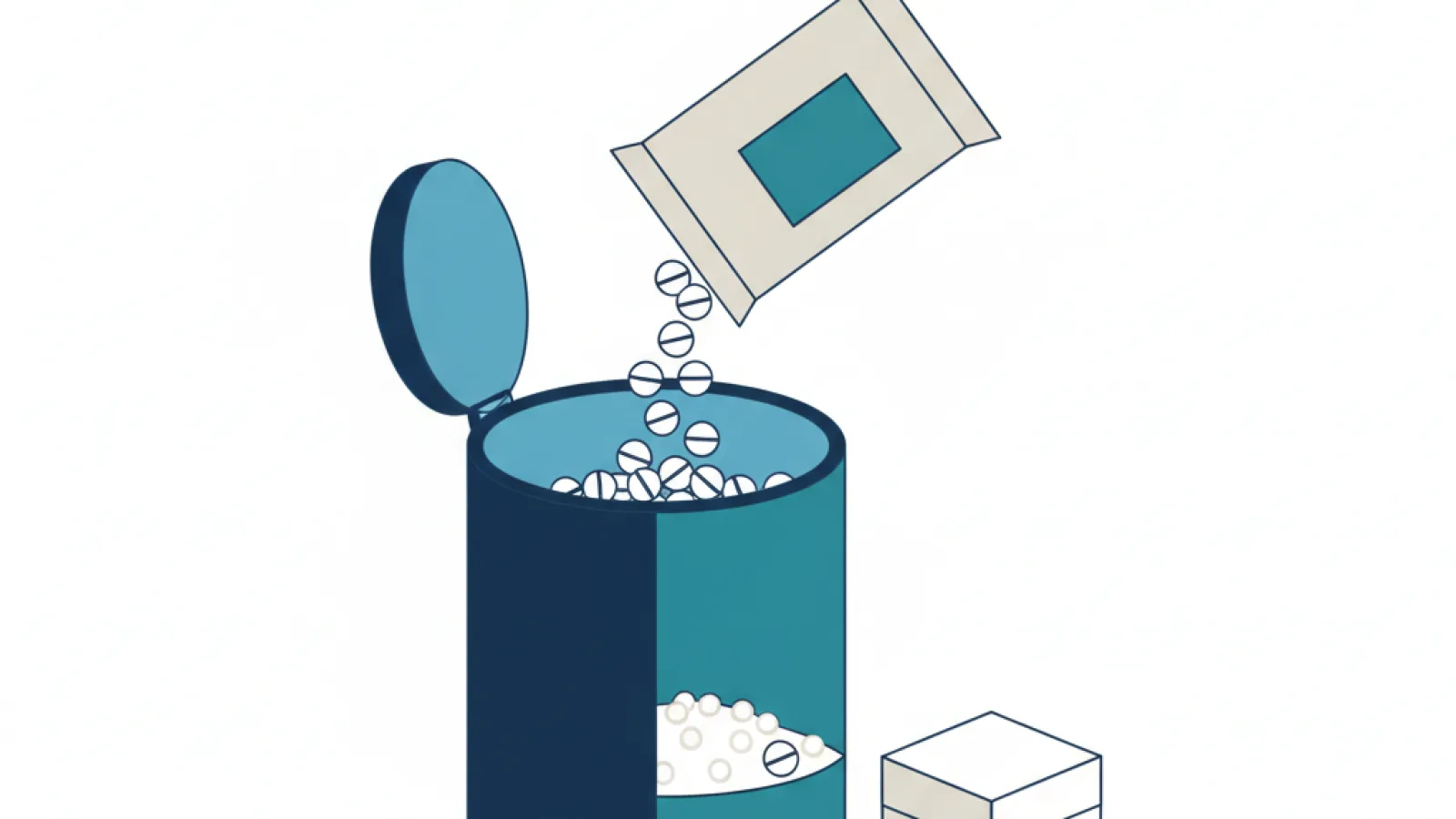 Schematische illustratie van een pekelbak die wordt bijgevuld met zouttabletten